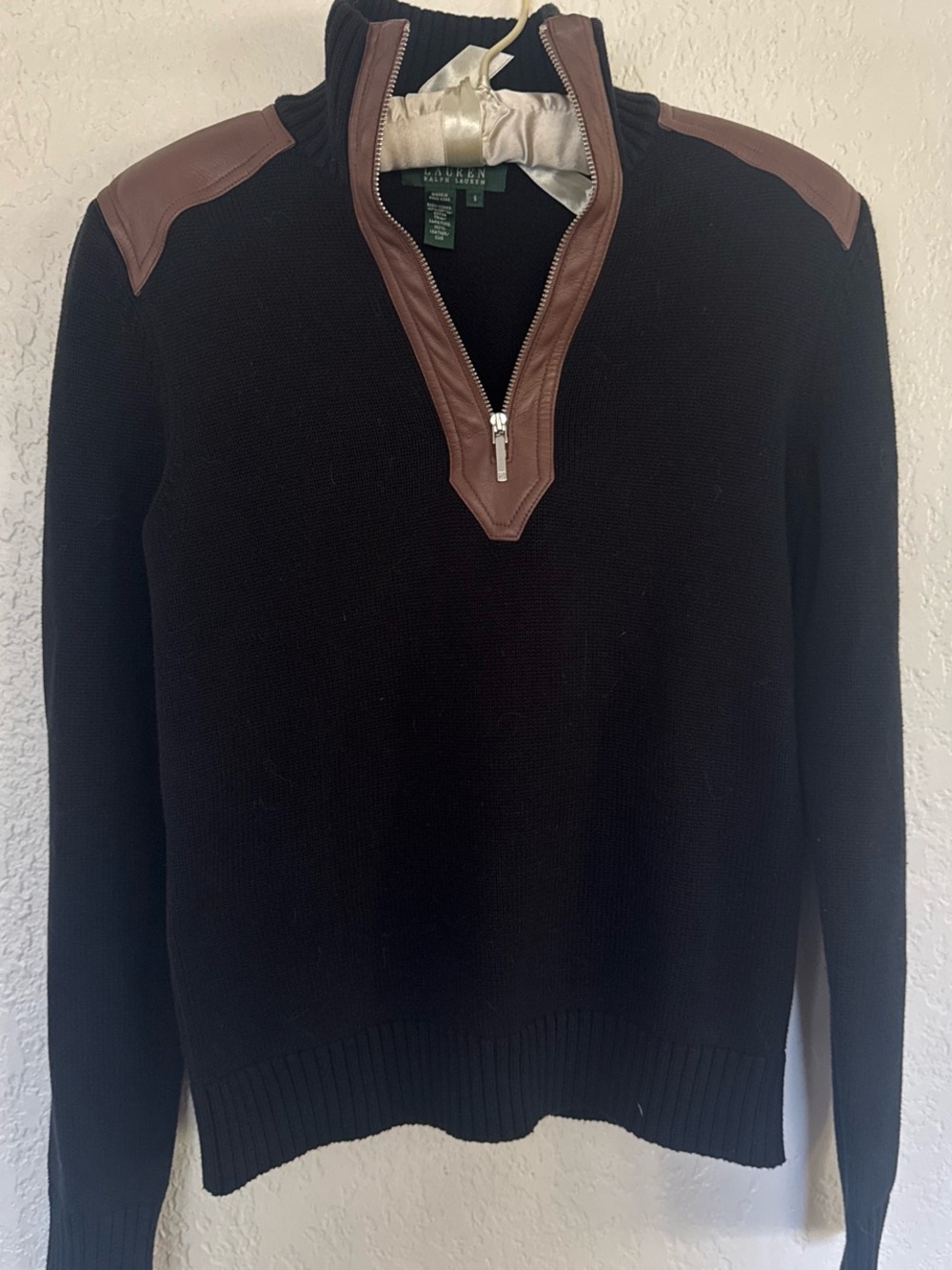 Lauren Ralph Lauren Black Sweater with Brown Trim Zip-Up